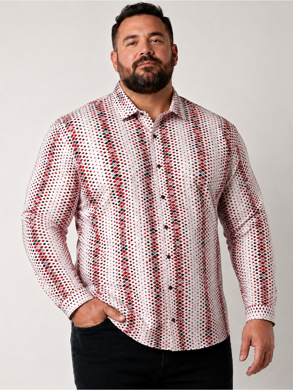 Barabas Men’s XXL Classic Fit Red Black White Gray Geometric Button Front Shirt